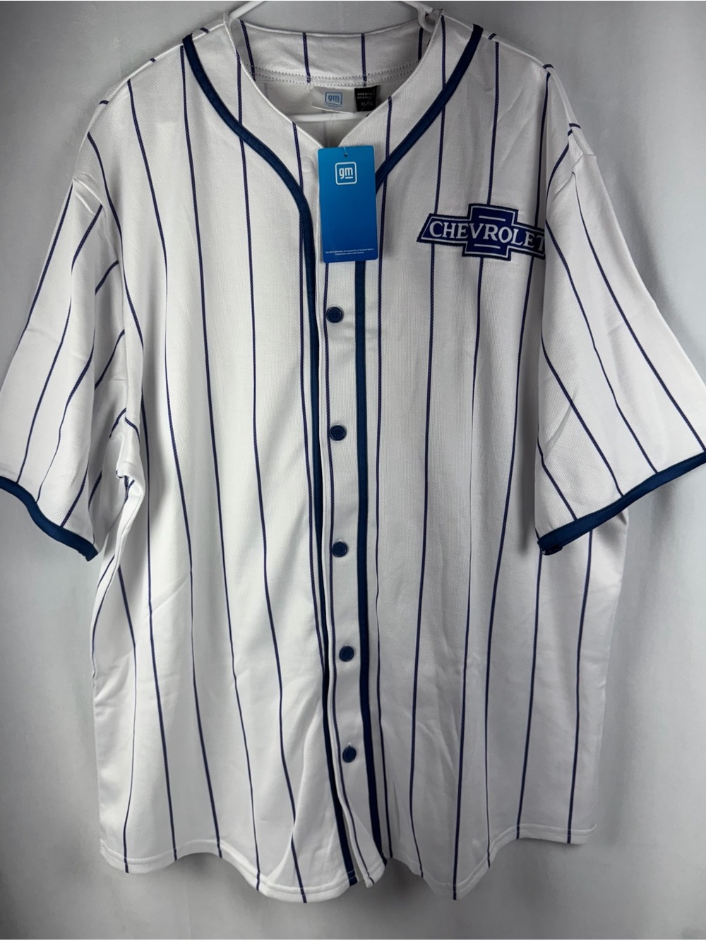 Official GM Chevrolet Racing Baseball Jersey White Blue Pinstripes XL NWT
